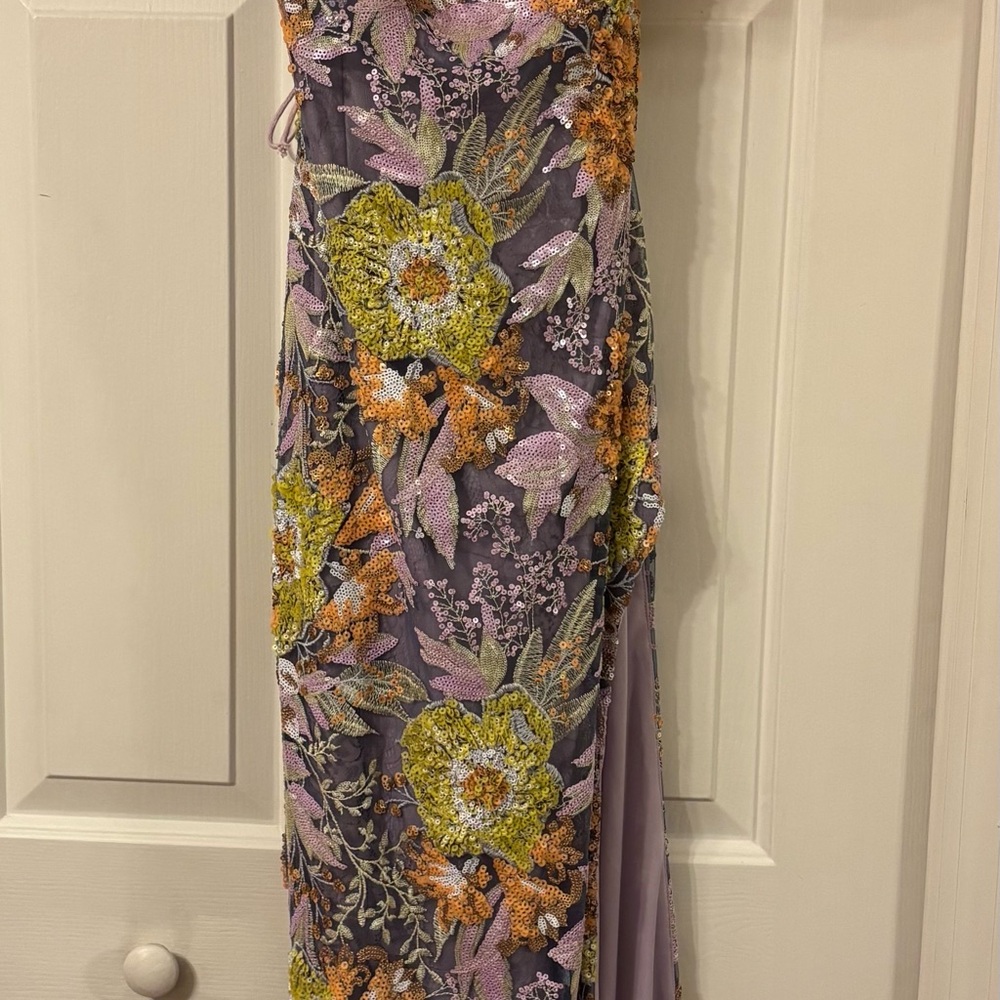 Mac DuggaFloral Embellished Sequin One Shoulder Sleeveless Open Back Sheath Gown